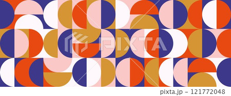 Retro semi circle seamless pattern. Abstract geometric mid century background. Colorful Swiss modernist or postmodernist style wallpaper. Vector modular repeating overlay. Red pink gold mural backdrop 121772048