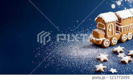 Gingerbread train with icing details on a blue background, festive holiday design. 121772095
