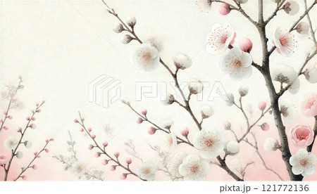 繊細で美しい梅の花の枝とつぼみのアートワーク 121772136