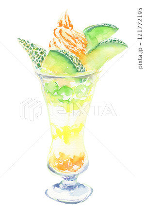 フルーツパフェの水彩イラスト　メロン 121772195