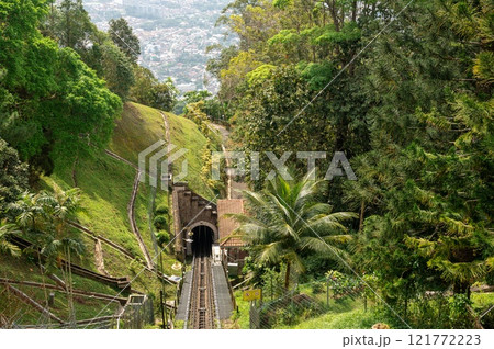 Funicular railway on Penang Hill in Malaysia, traveling through lush green forest, popular tourist attraction, scenic views of nature and distant city, unique and memorable experience for visitors Funicular railway on Penang Hill in Malaysia, traveling through lush green forest, popular tourist attraction, scenic views of nature and distant city, unique and memorable experience for visitors 121772223
