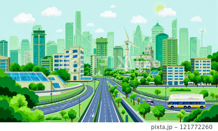 Modern eco-friendly cityscape green buildings urban skyline renewable energy wind turbines trees sustainable transportation nature clean environment futuristic vibrant growth skyline 121772260