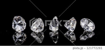 Shiny clear diamonds on black background, various shapes and cuts, reflecting light, luxury gemstones, sparkling brilliance, high-quality precious stone Shiny clear diamonds on black background, various shapes and cuts, reflecting light, luxury gemstones, sparkling brilliance, high-quality precious stone 121772281