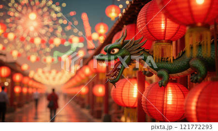 Festive Chinese New Year celebration featuring dragon dance, illuminated red lanterns, fireworks display, bustling night market, vibrant cultural traditions, joyful festival Festive Chinese New Year celebration featuring dragon dance, illuminated red lanterns, fireworks display, bustling night market, vibrant cultural traditions, joyful festival 121772293