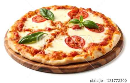 Freshly baked pizza with melted cheese, tomato slices, basil leaves, wooden board. Delicious Italian dish perfect for dinner or lunch. Tasty, appetizing food Freshly baked pizza with melted cheese, tomato slices, basil leaves, wooden board. Delicious Italian dish perfect for dinner or lunch. Tasty, appetizing food 121772300