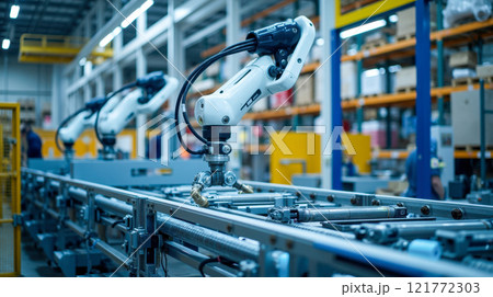 Industrial robotic arms working on assembly line in modern factory showcasing precision engineering and advanced technology in automated production 121772303