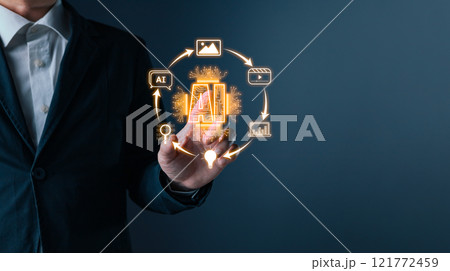 Man touch icon ai, Marketers education, research, analyze media video streaming content creation and online marketing strategies to grow their digital business. Ai generates concept Man touch icon ai, Marketers education, research, analyze media video streaming content creation and online marketing strategies to grow their digital business. Ai generates concept 121772459