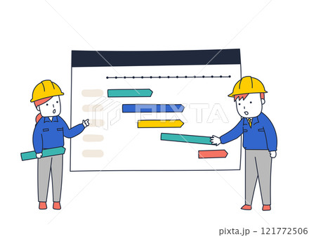 納期・工期を考えながら工程表を作成する現場監督の男女 121772506