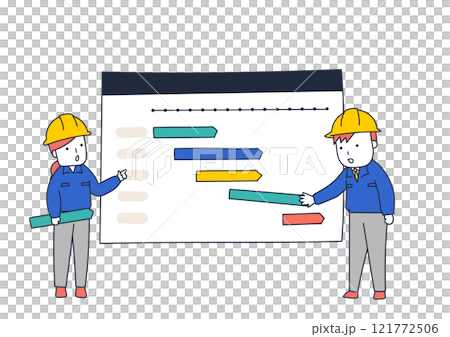 納期・工期を考えながら工程表を作成する現場監督の男女 121772506