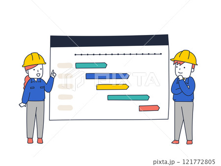 工事の進捗管理を行う作業服姿の男女2人 工事の進捗管理を行う作業服姿の男女2人 121772805