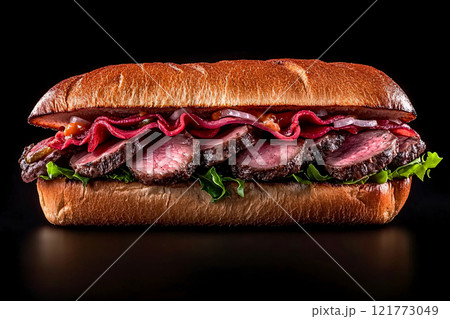 A rustic sandwich with crusty bread and hearty fillings is artfully surrounded by fresh ingredients A rustic sandwich with crusty bread and hearty fillings is artfully surrounded by fresh ingredients 121773049