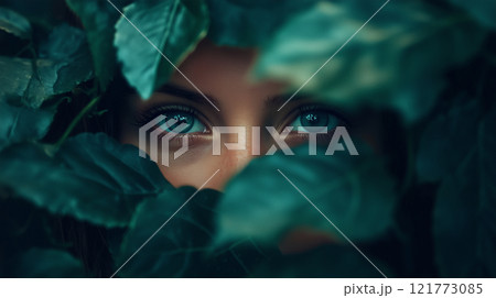 美しい緑色の瞳の若い女性が森の木陰からじっと見つめているAI生成画像 121773085