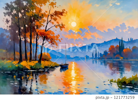 湖に浮かぶ船と秋の木々と山々を照らす夕日「AI生成画像」 湖に浮かぶ船と秋の木々と山々を照らす夕日「AI生成画像」 121773259