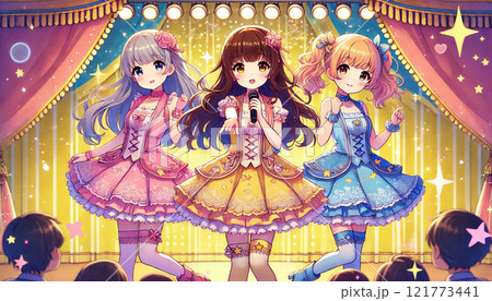 3人組のカラフルな衣装のアイドル 121773441