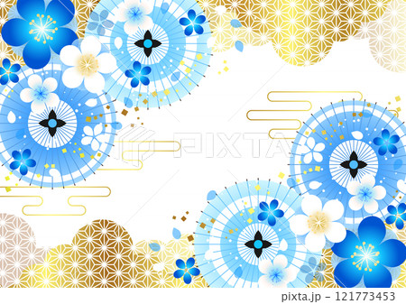 麻の葉模様雲に対角紅梅と傘の春和背景、かわいい、イラスト、横、青 麻の葉模様雲に対角紅梅と傘の春和背景、かわいい、イラスト、横、青 121773453