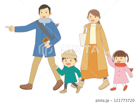 冬に観光をする4人の家族のイラストのイメージ_主線あり 121773720