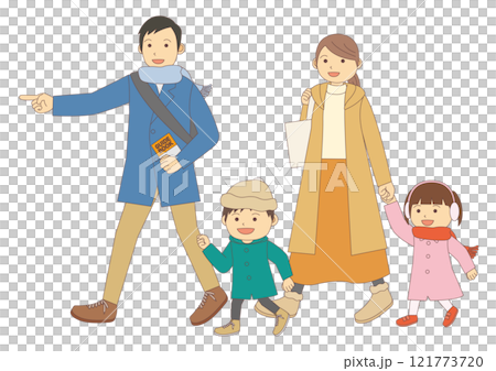 冬に観光をする4人の家族のイラストのイメージ_主線あり 121773720