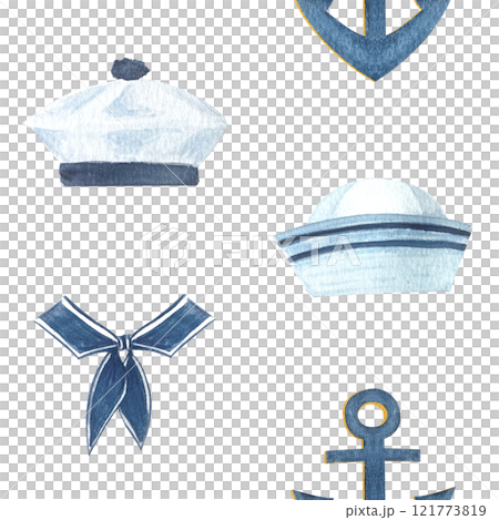 Tarpaulin, sailor hat, collar, anchor watercolor hand painted seamless pattern isolated on white. High quality navy design elements perfect for cards, wrapping paper, packaging, stationary and books Tarpaulin, sailor hat, collar, anchor watercolor hand painted seamless pattern isolated on white. High quality navy design elements perfect for cards, wrapping paper, packaging, stationary and books 121773819