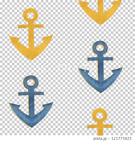 Anchor blue gold watercolor half drop seamless pattern isolated on white. Hand painted art perfect for cards, wrapping paper, packaging, tickets, stationary tourism, voyage design. Monochromatic clip Anchor blue gold watercolor half drop seamless pattern isolated on white. Hand painted art perfect for cards, wrapping paper, packaging, tickets, stationary tourism, voyage design. Monochromatic clip 121773825