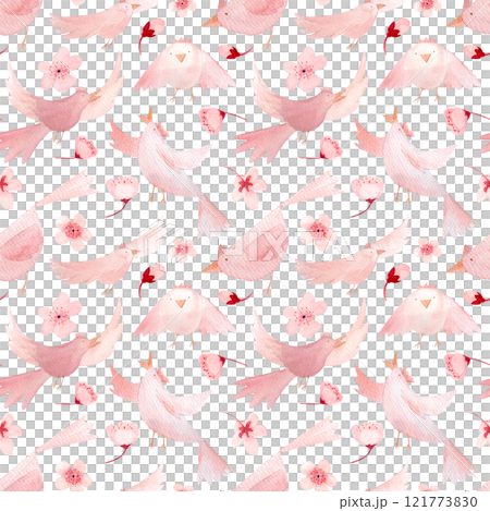 Sakura flowers and birds in different poses, monochromatic hand painted watercolor seamless border isolated on white. High quality pink art perfect for children design, wrapping paper, women textile 121773830