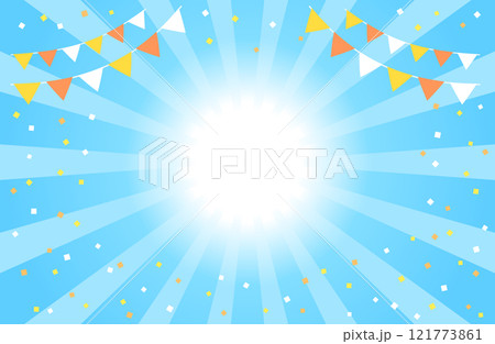 集中線 サンバースト 紙吹雪 ガーランド 旗 フラッグ 背景イラスト 青 ブルー 121773861