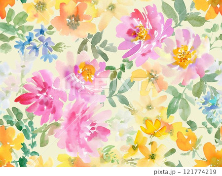 水彩で描いた抽象的なピンクの芍薬と草花の手描きシームレスパターン 121774219