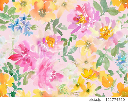 水彩で描いた抽象的なピンクの芍薬と草花の手描きシームレスパターン 水彩で描いた抽象的なピンクの芍薬と草花の手描きシームレスパターン 121774220