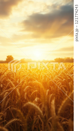 Golden wheat field at sunset with dramatic sky 121774243