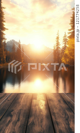serene sunset over tranquil lake with wooden dock serene sunset over tranquil lake with wooden dock 121774258
