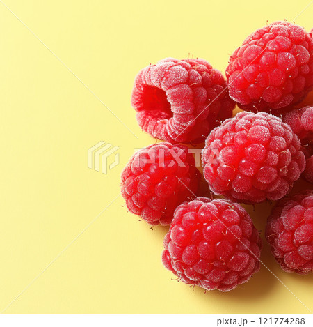 Fresh ripe red raspberries with frosty surface 121774288