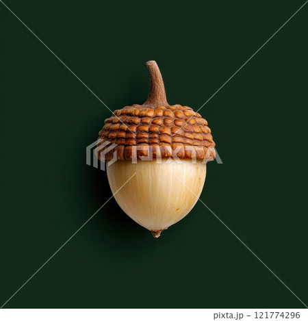 single acorn with textured brown cap on green background 121774296