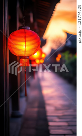 Illuminated red lanterns along serene pathway at dusk Illuminated red lanterns along serene pathway at dusk 121774329