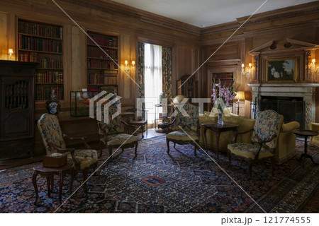 Luxury interior of home library Sitting room with elegant furniture at Vanderbilt Museum Long Island Luxury interior of home library Sitting room with elegant furniture at Vanderbilt Museum Long Island 121774555