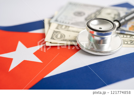 Black stethoscope with US dollar banknotes Cuba flag background, Business and finance concept. 121774858