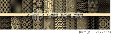 Geometric set of seamless black and golden patterns. Simple vector graphics 121775273