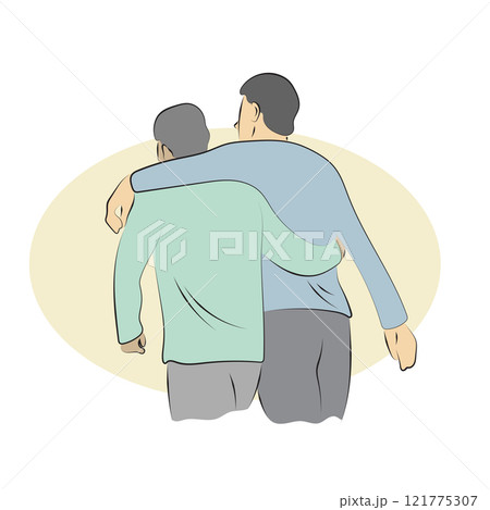 Two male friends with arms around shoulder of each other illustration vector hand drawn sketch isolated on white background Two male friends with arms around shoulder of each other illustration vector hand drawn sketch isolated on white background 121775307
