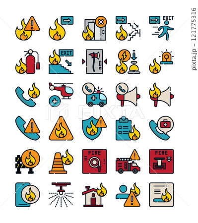 set of fire emergency element filled outline icon 121775316