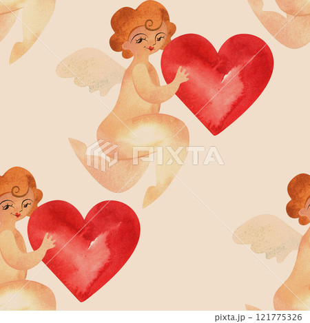 Cupids with hearts in vintage style. Watercolor seamless pattern for textiles and wrapping paper for Valentine's Day or wedding. 121775326