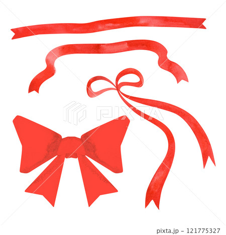 Set of two curved ribbons and two bows. Isolated watercolor illustration for a postcard, certificate, diploma, invitation. Clipart. 121775327