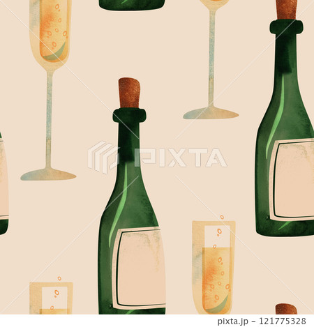 Champagne. White sparkling wine. Glasses and bottles. Seamless pattern for textiles and wrapping paper for the holiday 121775328