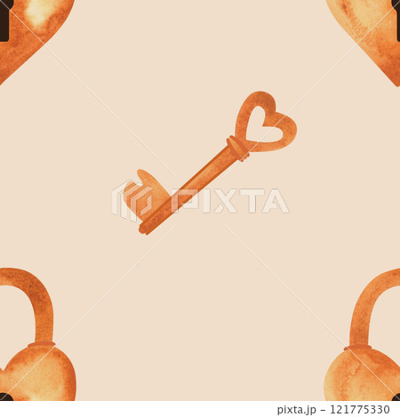 Seamless pattern with golden heart-shaped locks and keys. Watercolor illustration for textiles and wedding wrapping paper 121775330