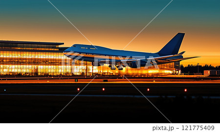 Large commercial airplane taking off from runway at dusk. Direct side view. Background is airport terminal. Created with Generative AI. Large commercial airplane taking off from runway at dusk. Direct side view. Background is airport terminal. Created with Generative AI. 121775409