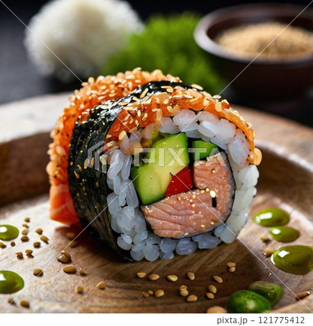Close-up of sushi roll garnished with sesame seeds on wooden plate. Close-up of sushi roll garnished with sesame seeds on wooden plate. 121775412