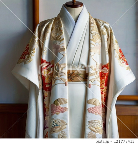 Traditional Japanese kimono with floral patterns on display. Traditional Japanese kimono with floral patterns on display. 121775413
