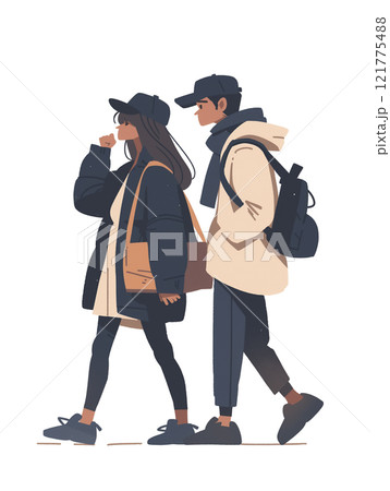 男女2人　仲良く歩くイラスト 121775488