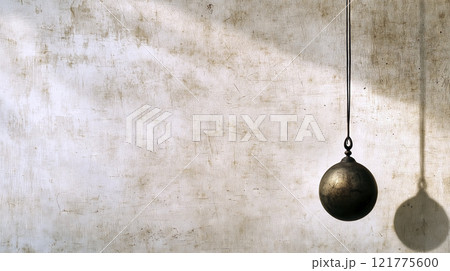Demolition wrecking ball hanging from crane on empty grunge background 121775600