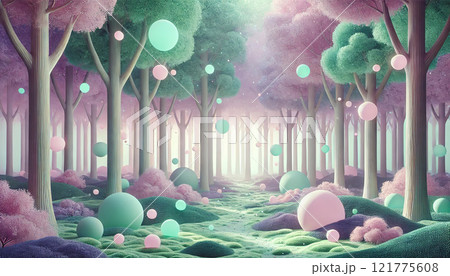 パステルカラーの静かな森 - 光る苔と浮遊する球体が織りなす幻想的な風景 121775608