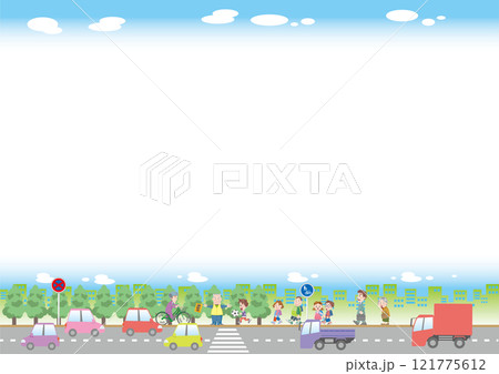 交通安全＜街の道路（晴天・横断歩道付き）のイメージのフレームイラスト・車・トラック・小学生・横位置＞ 121775612