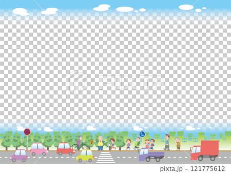交通安全＜街の道路（晴天・横断歩道付き）のイメージのフレームイラスト・車・トラック・小学生・横位置＞ 121775612