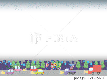 交通安全＜街の道路（雨天）のイメージのフレームイラスト・車・トラック・横位置＞ 121775614
